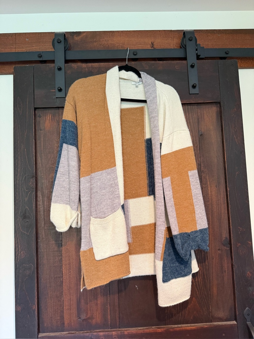 Colorblock Open-Front Cardigan Sweater - Cream, Tan, Grey & Blue